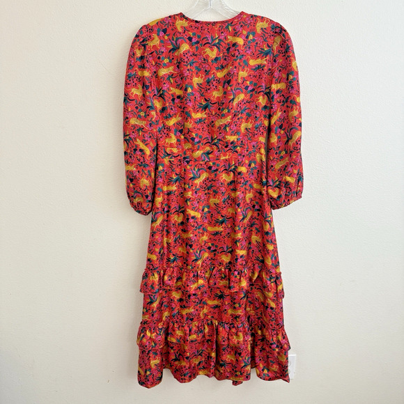J. Crew Collection Dress Size 2 Silk Tiered Ruffle In Jungle Cat Print Midi Boho - Picture 3 of 16